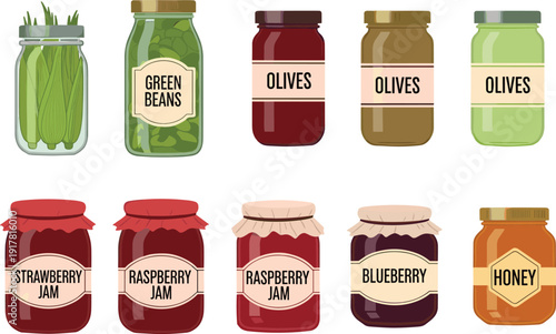 Preserved food jars collection illustration, olives honey jam green beans glass containers, homemade organic storage concept, pantry food vector set