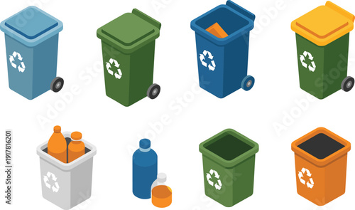Recycling bins collection illustration, waste sorting containers plastic bottles eco friendly garbage management concept, environmental protection vector icon set design