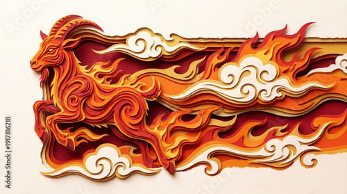Fiery layered paper cut goat art for Chinese New Year 2027 zodiac celebration cards, festive calendars, cultural blogs, and Asian new year websites