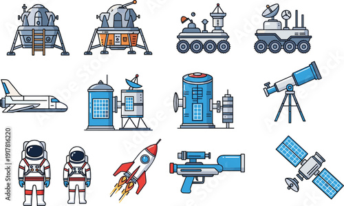 Space exploration icons set, astronaut rocket satellite telescope lunar module rover shuttle futuristic technology vector illustration isolated science collection