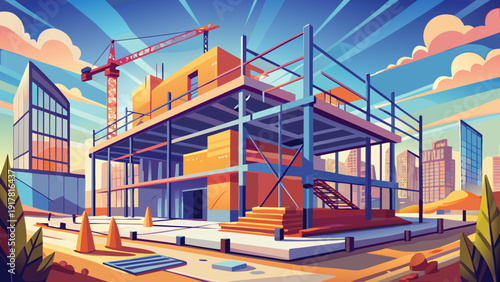 Very beautiful realistic illustration of a building under construction featuring steel scaffolding, tall cranes, and exposed concrete floors, capturing the dynamic energy of an active construction sit