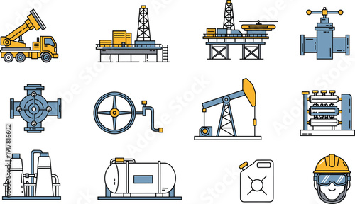 Oil and Gas Industry Equipment Icon Set with Pumpjack, Offshore Platform, Pipeline Valve, Storage Tank, Refinery Plant, and Safety Helmet Vector Collection.