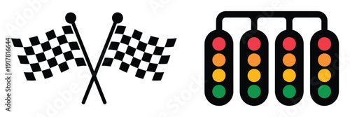 Racing starting lights and flag icon, modern vector illustration depicting motor sport start signals, flags, racing competitions, speed events, automotive graphics, and creative design 