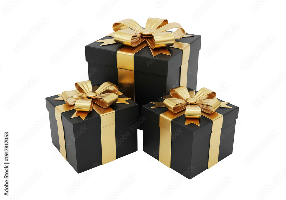 Obraz premium Three black gift boxes with gold ribbons stacked and decorative on transparent background