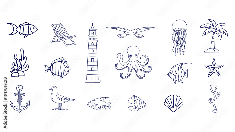 Fototapeta premium A collection of beach icons in a blue line art style