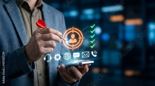 Wallpaper Mural Businessman holding a red dart aiming at a digital target audience icon with green checkmarks, symbolizing successful customer targeting, CRM strategy, and business goals. Torontodigital.ca