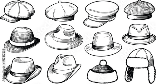 Vintage hat sketch collection illustration, classic fedora beret cowboy winter caps outline set isolated, retro fashion headwear engraving style