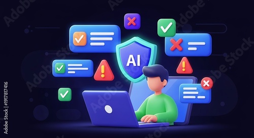 Wallpaper Mural Man working on laptop with AI security symbols around him Torontodigital.ca