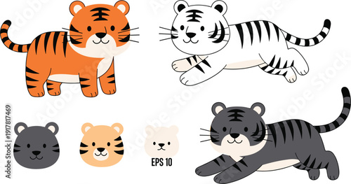 Cute tiger vector illustrations set standing running hunting three colors