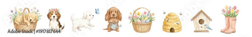 Collection of Vector illustrations. Perfect for invitation, card, poster, banner, decoration. Watercolor spring puppies clipart: baskets, eggs, flowers, beehive. 