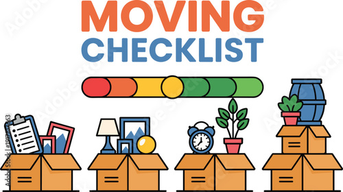 Moving checklist illustration with packed boxes, home relocation planning concept, colorful flat design icons for stress free house move process