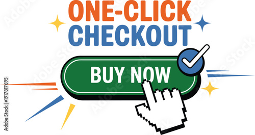 One click checkout illustration with buy now button, fast online shopping payment concept, ecommerce conversion, digital purchase interface, modern flat vector design