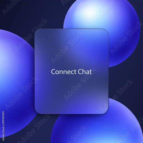 Blue glass panel with rounded corners and gradient spheres on a dark background.