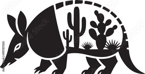 Armadillo Silhouette with Desert Cactus Inside