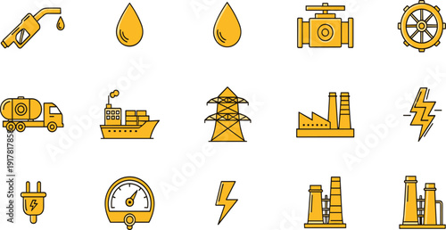 Oil and Energy Industry Icon Set with Power Plant, Fuel Pump, Tanker Ship, Pipeline, Electricity, and Industrial Factory Vector Collection.