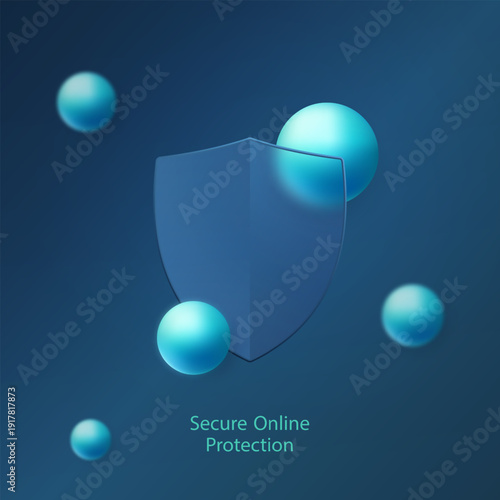 Blue shield icon with glass morphism effect and abstract spheres