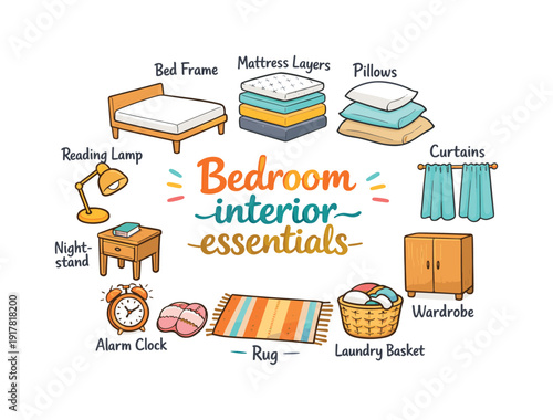 Bedroom interior essentials. Hand drawn illustration of Bedroom interior essentials. bed