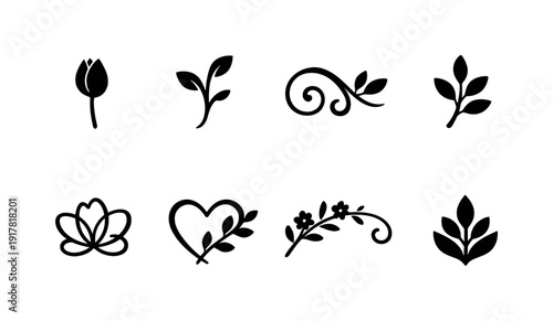 Modern botanical line tattoo set. Filled icon set of Modern botanical line tattoo set: single stroke flower