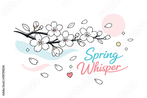 Cherry blossom branch serenity. A close-up of a delicate cherry blossom branch stretching across the scene,