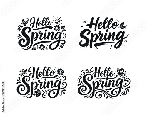 Hello Spring. Set lettering. 4 harmonious lettering variations of the same emblematic concept, each with