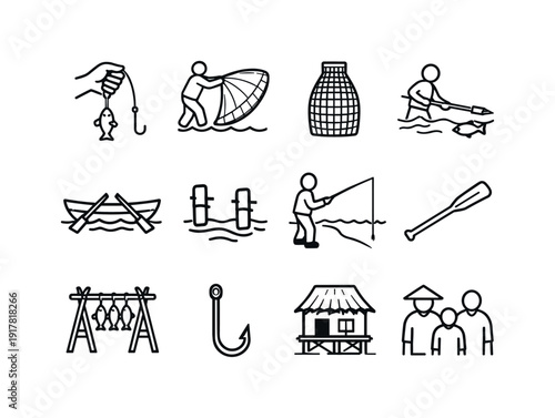 Traditional fishing techniques. Line outline icon set of Traditional fishing techniques: