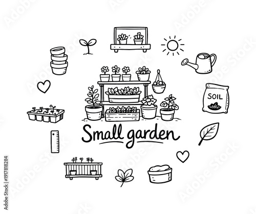 Small Space Gardening. Small space gardening. Hand-drawn doodle illustration of small space gardening. In the