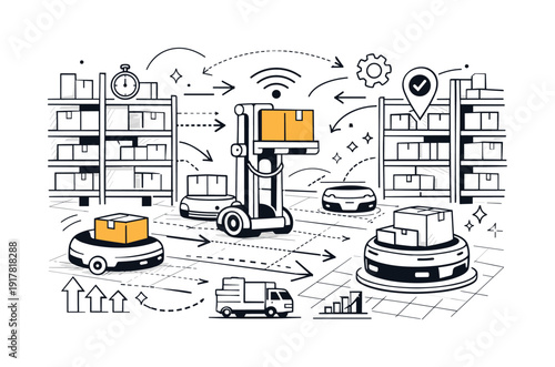 Robotic warehouse systems. Autonomous robots moving between shelves, carrying packages with smooth precision