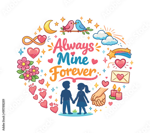 Always Mine Forever. Hand drawn illustration of Always Mine Forever. couple silhouettes, infinity sign,