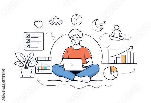 Mindful productivity. Person sitting comfortably with laptop, plants and relaxation icons floating alongside