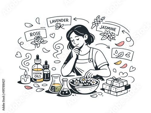 Floral fragrance soap production. Artisan selecting flowers and oils for soap making, thoughtful gestures and