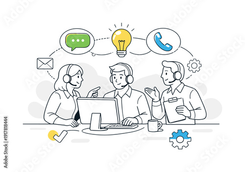 Corporate client support. Team of service representatives collaborating around shared screen