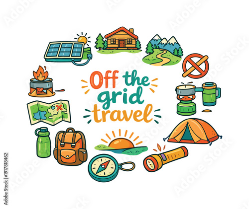 Off-Grid Adventure Essentials. Off the grid travel. Hand drawn illustration of Off the grid travel. solar