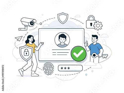 Protected Account Access. User profile card surrounded by subtle security layers, checkmark