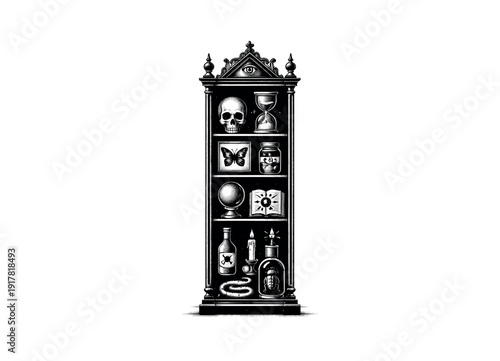 Vertical composition of a narrow Victorian curiosity cabinet standing like a monument, interior objects