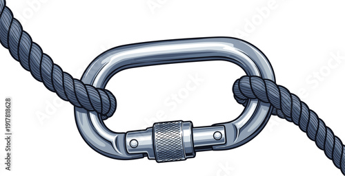 Industrial steel locking carabiner attached to rope vector illustration