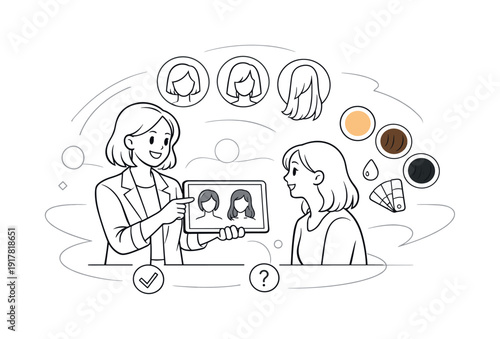Digital beauty consultation. Stylist explaining haircut choices on tablet screen, icons of hair length and