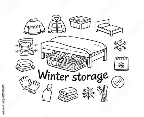 Storing winter clothing in under-bed storage. Hand-drawn doodle illustration of storing winter clothing in
