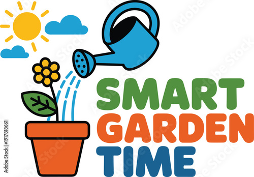 Smart garden time illustration with watering can, flower pot, sun and clouds, modern gardening concept, plant care, eco friendly lifestyle
