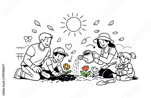Family Gardening Fun. Family Gardening Together. Parents and children kneeling in a cozy backyard, planting