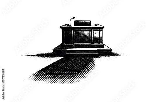 A deserted courtroom reduced to one central witness stand, rigid and isolated, architectural