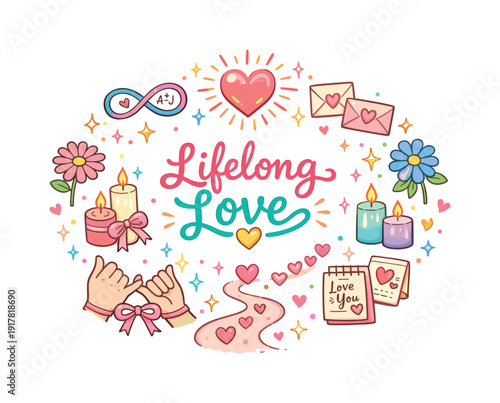 Lifelong Love. Hand drawn illustration of Lifelong Love. radiant heart, infinity symbol, couple initials,