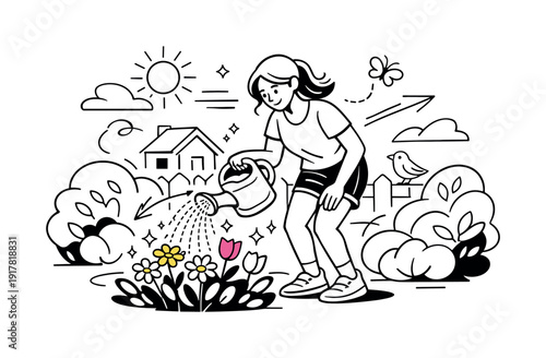 Watering Plants in Backyard. A young woman holding a watering can, gentle streams pouring over blooming