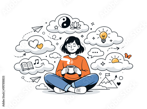 Mindful Reflection. Mindful self-reflection moment. Individual sitting with a cup of tea, thoughts visualized