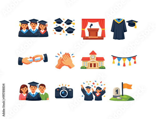 Graduation ceremony. Colorful flat vector icons set of graduation ceremony: graduates group, mortarboard toss,