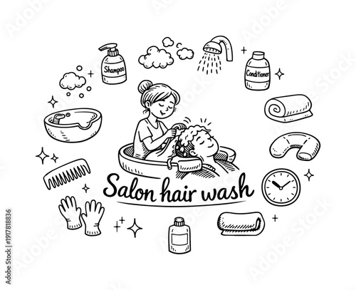 Salon hair wash. Hand-drawn doodle illustration of Salon hair wash. In the middle, one slightly larger central