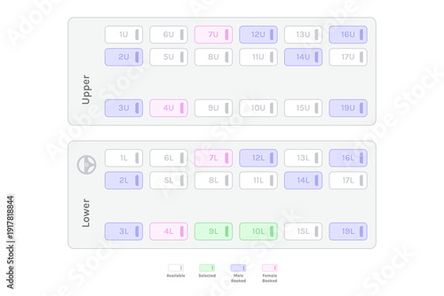 Sleeper Coach Bus Seat Reservation Concept with Coach Seat Map Layout for Bus Ticket Booking Vector Illustration