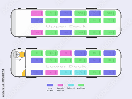 Online Sleeper Coach Bus Seat Booking Concept with Seat Map Layout Vector Illustration for Ticket Reservation UI Interface