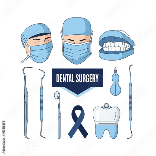 Dental Professionals and Tools Illustration for Dentistry, Oral Health, and Medical Care Design