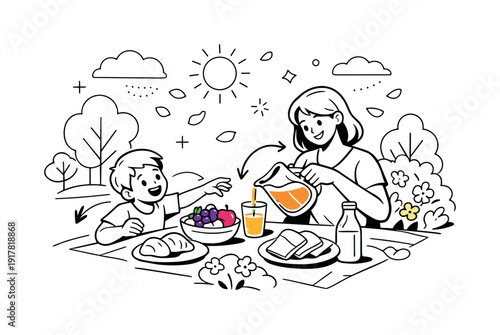Sunny Outdoor Lunch. A mother pouring juice while a child reaches for fruit, surrounded by simple trees and