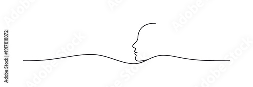"Cognitive Horizon". Minimalistic one-line drawing a calm horizon line bending into a symbolic face silhouette